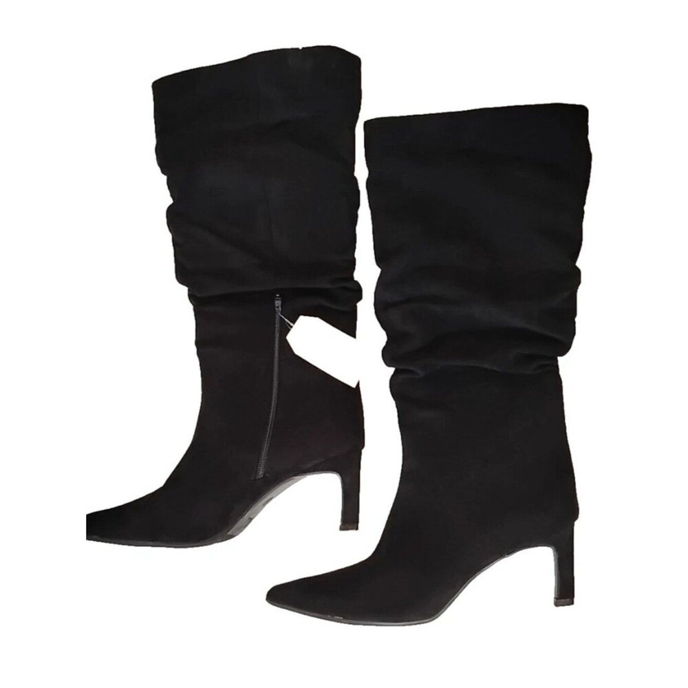 Time and Tru Women’s 11 Wide Black Faux Suede Slouch Kitten Heel Boots Calf KNEW